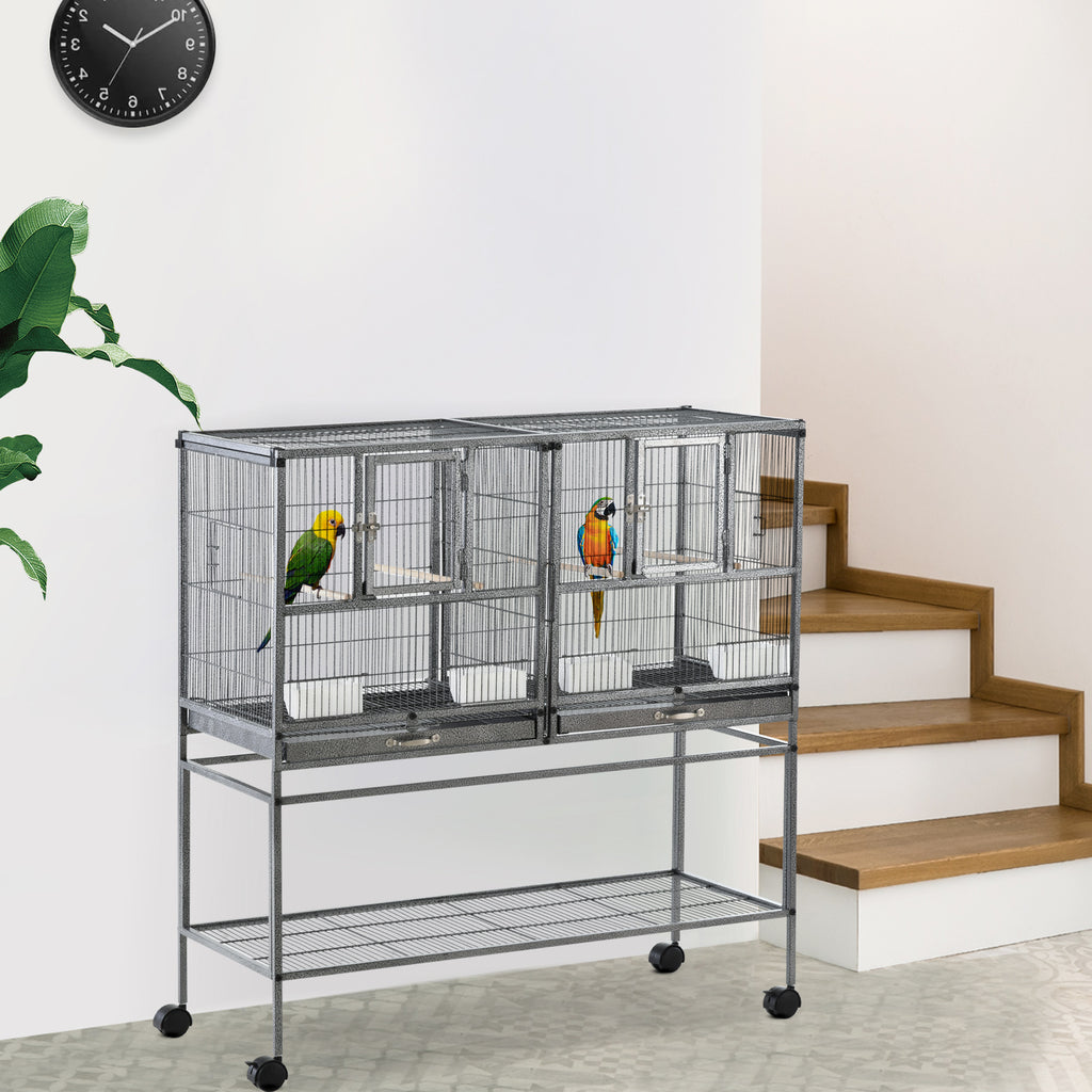 Cage à Oiseaux Volière Oiseaux Intérieur avec Séparation Mangeoire et Perchoir 95L x 45,5l x 102H cm Noir et Gris
