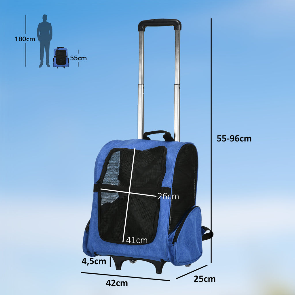 Sac de transport à roulettes pour chien 2 en 1 trolley chariot sac à dos pour chien chat avec poignée téléscopique, sacs de rangement, aérations, attache de sécurité, 42 x 25 x 55 cm, bleu