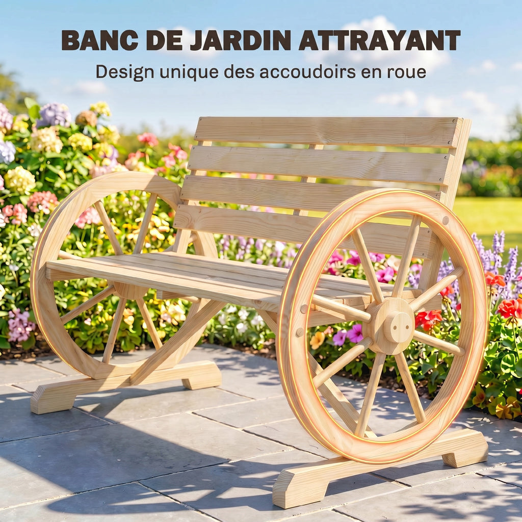 Banc de Jardin banc 3 places en bois Style Rustique Chic accoudoirs Roues Charette Bois Sapin effet bois naturel