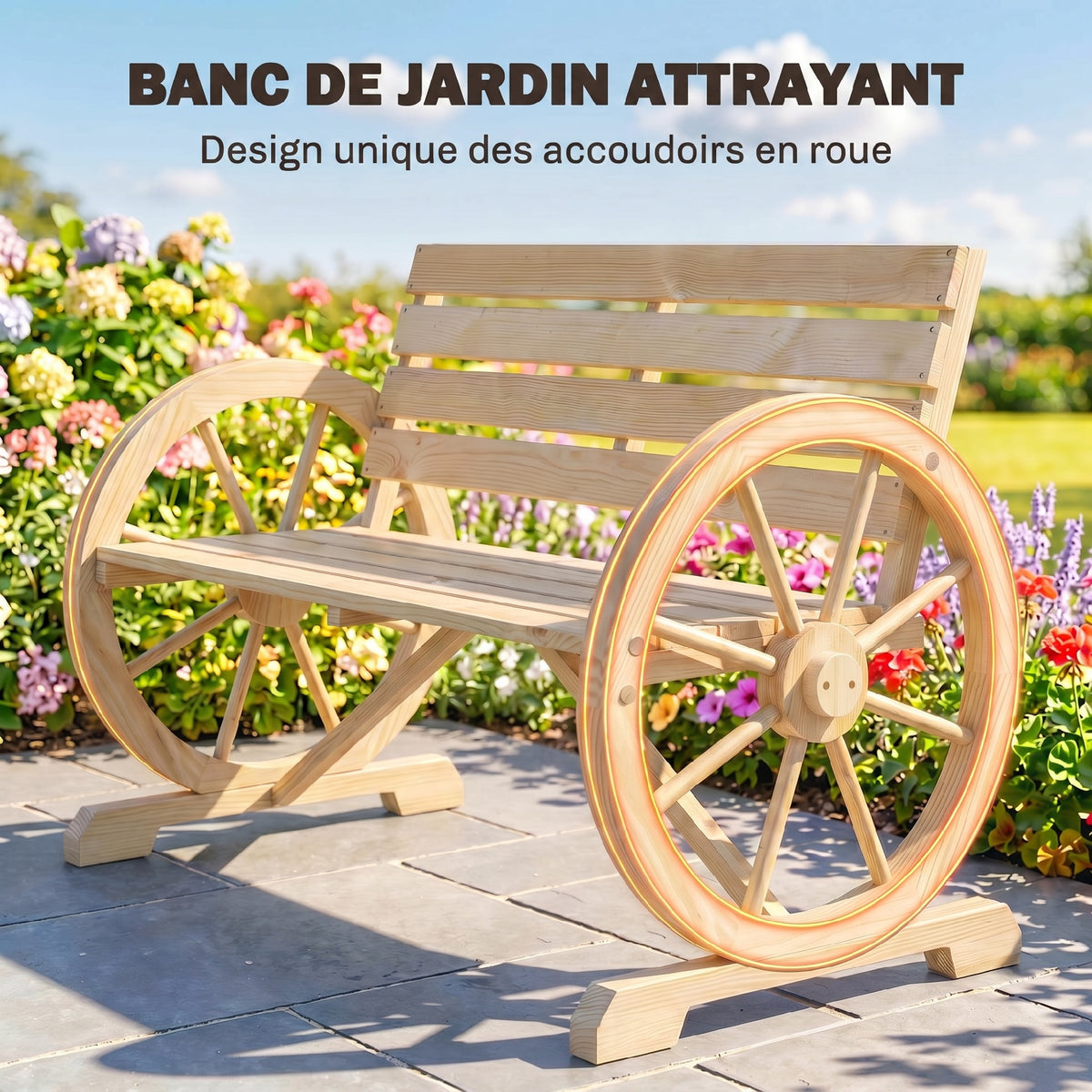 Banc de Jardin banc 3 places en bois Style Rustique Chic accoudoirs Roues Charette Bois Sapin effet bois naturel
