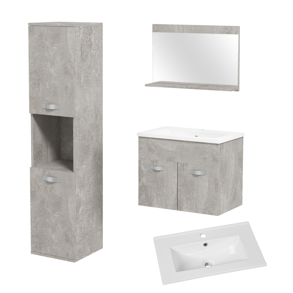 Ensemble de Meubles de Salle de Bain 4 Pièces, Mural, avec Miroir, Meuble sous Vasque, Lavabo et Armoire Haute, gris