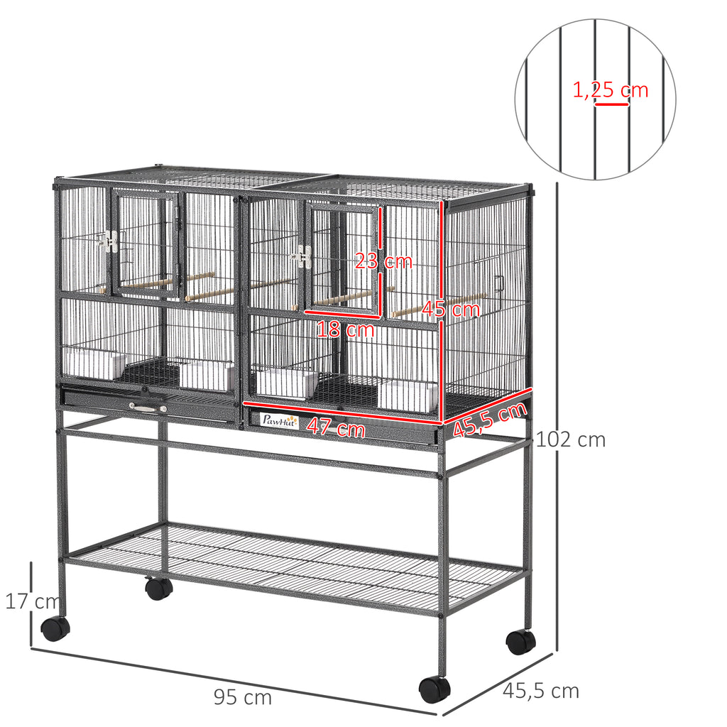 Cage à Oiseaux Volière Oiseaux Intérieur avec Séparation Mangeoire et Perchoir 95L x 45,5l x 102H cm Noir et Gris