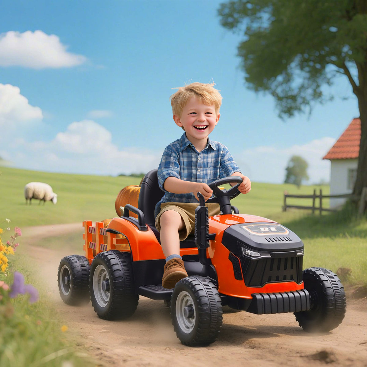 Tracteur électrique enfants avec remorque amovible, voiture électrique enfants, télécommande 2,4G, 139x58x55cm, orange