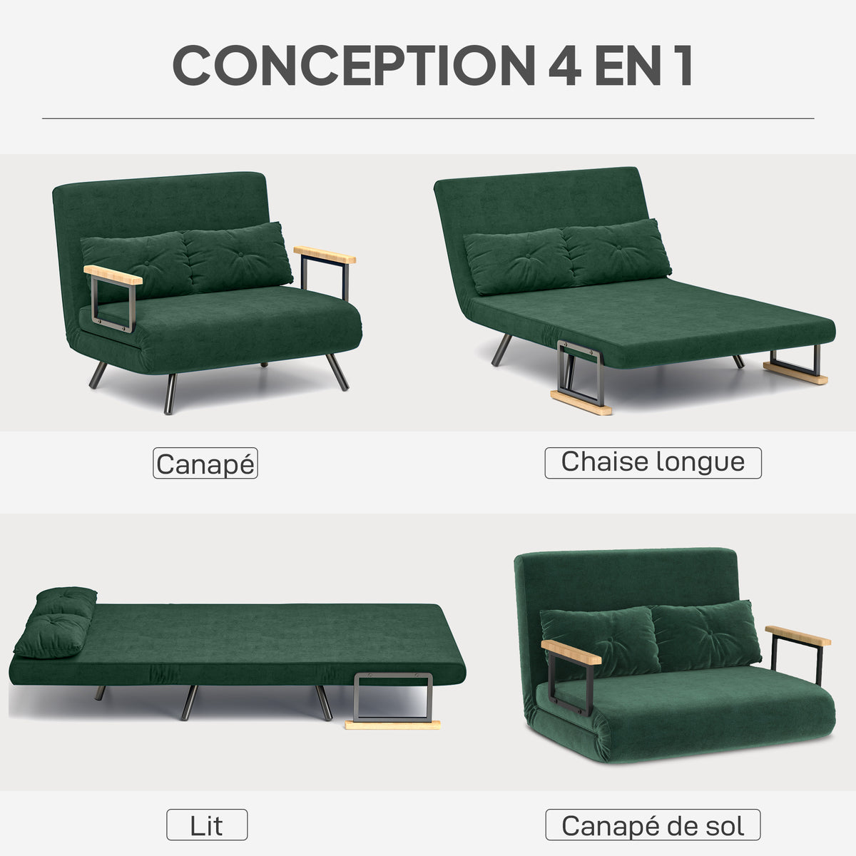 Canapé convertible 2 places 4 en 1, canapé-lit avec dossier réglable sur 5 niveaux, 2 coussins, 102 x 73 x 81 cm, vert