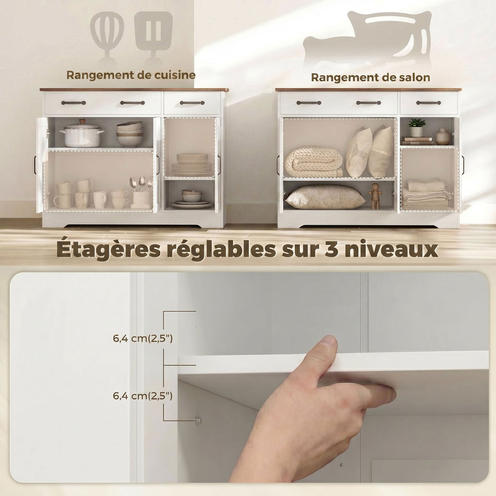 Buffet cuisine, meuble de rangement avec 3 portes de grange, 2 tiroirs et étagères réglables, 108 x 40 x 81 cm, blanc