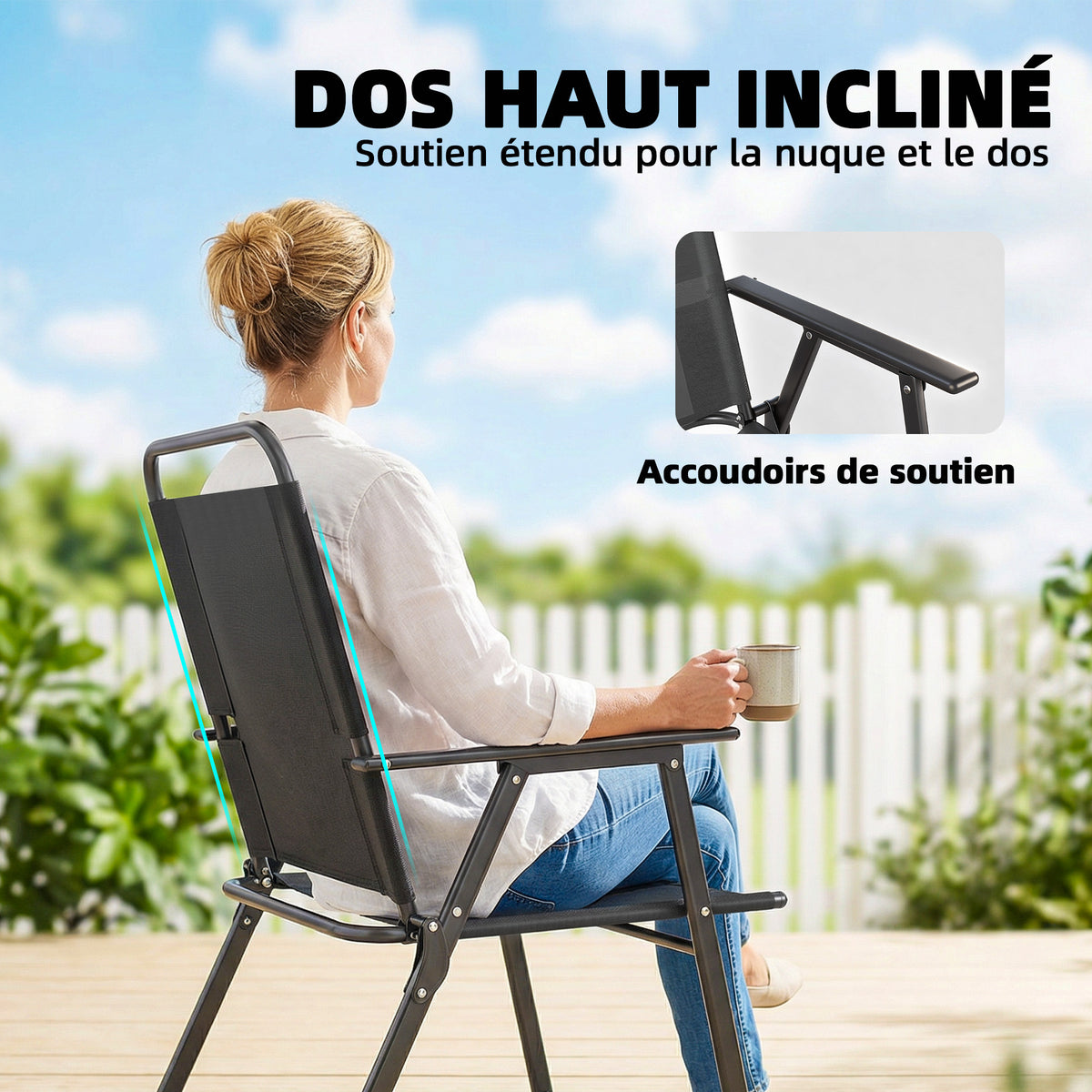 Lot de 4 chaises de jardin pliantes avec accoudoirs, chaises d'extérieur avec assise large en textilène, noir