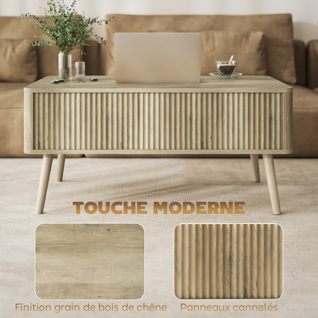 Table basse relevable, table de salon avec 2 compartiments cachés et pieds en pin, 91 x 56 x 43 cm, chêne