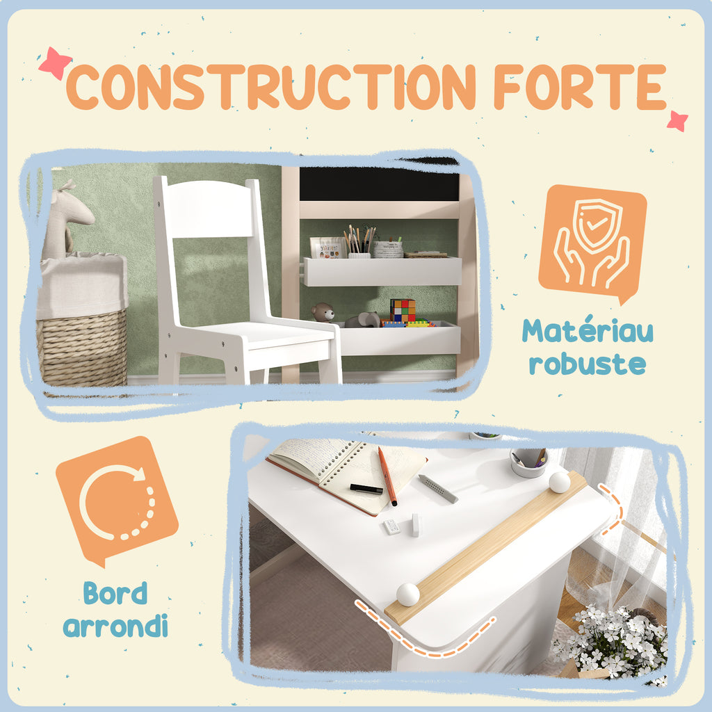 Table enfant avec chaise 3 en 1 avec chevalet pliable étagères de rangement, rouleau de papier - 3 à 8 ans, blanc