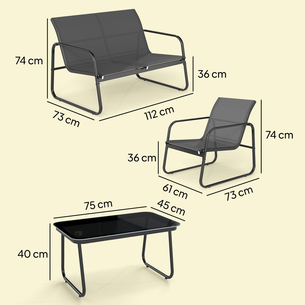 Salon de jardin 4 pièces avec canapé, fauteuils et table basse, gris foncé et noir