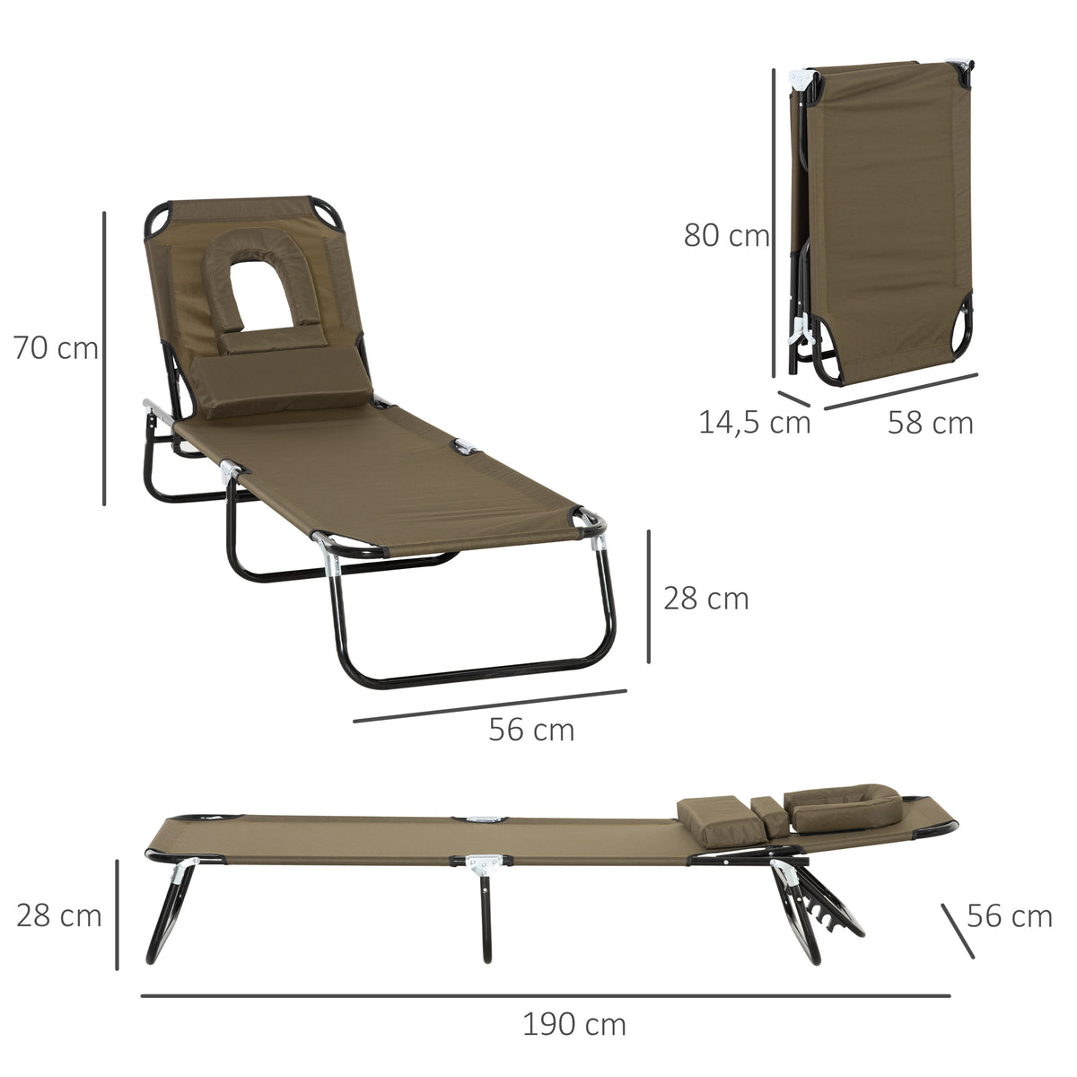 Transat de Jardin Chaise Longue Pliante Bain de Soleil avec Appuie-tête, Trou de lecture et Dossier Inclinable, Marron