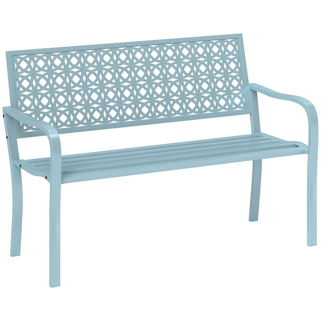 Banc de jardin 2 places, banc extérieur jardin en acier avec dossier ajouré, 127 x 63 x 85 cm, bleu