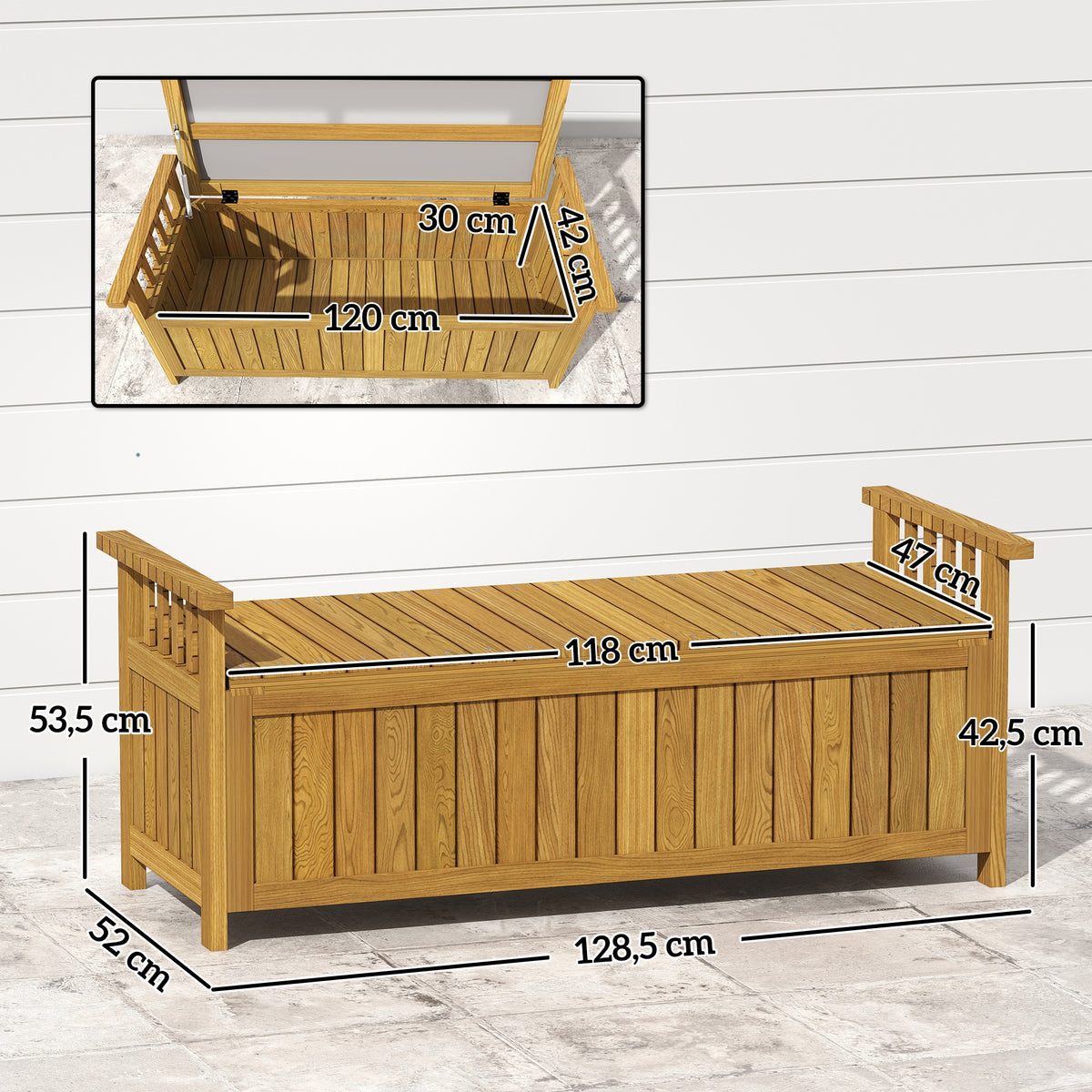 Banc de jardin 2 places en bois avec rangement de 151L banc d'extérieur avec accoudoirs 128,5 x 56 x 53,5 cm marron