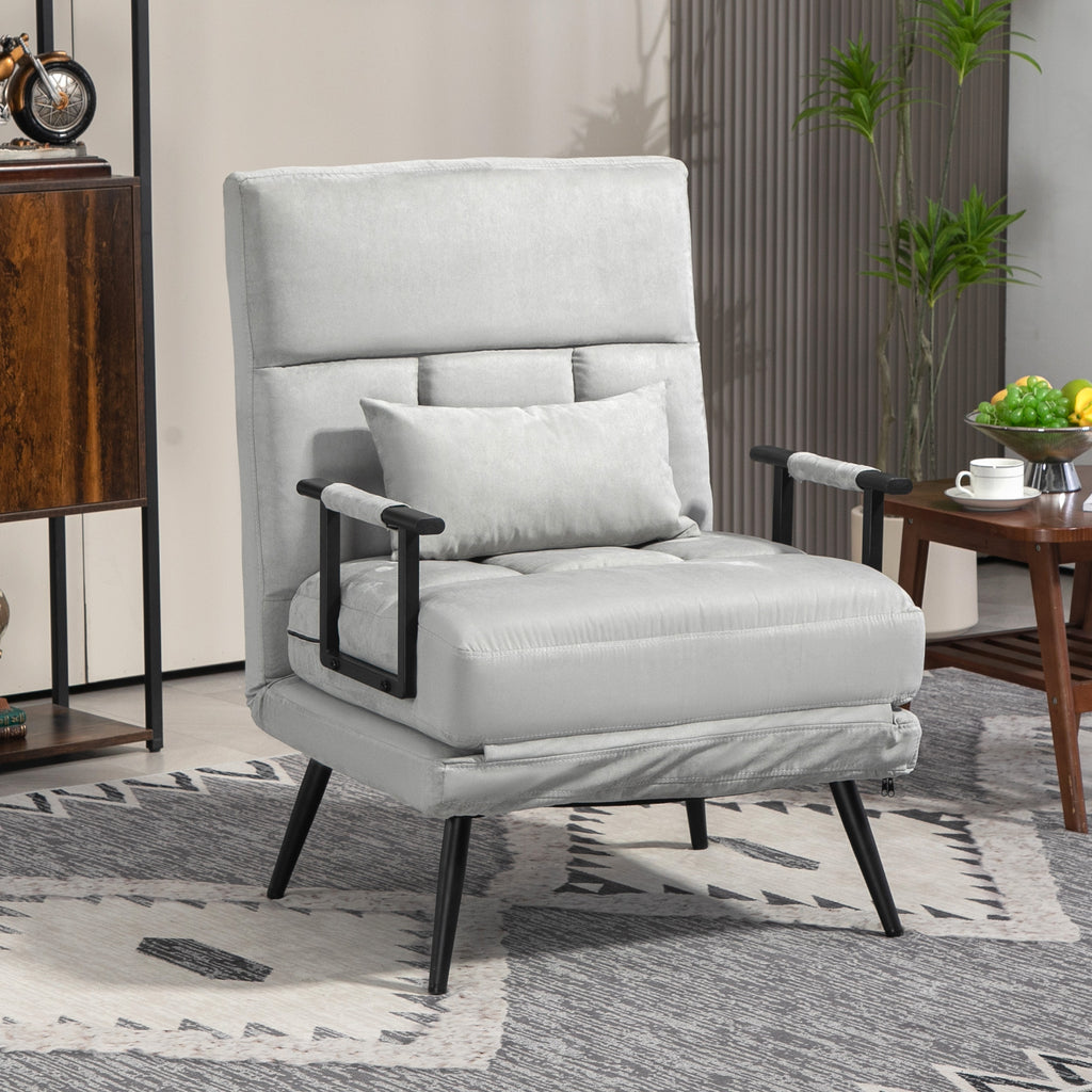 Fauteuil convertible 3 en 1 lit 1 place dossier inclinable 5 positions, accoudoirs et coussin, tissu effet velours, gris