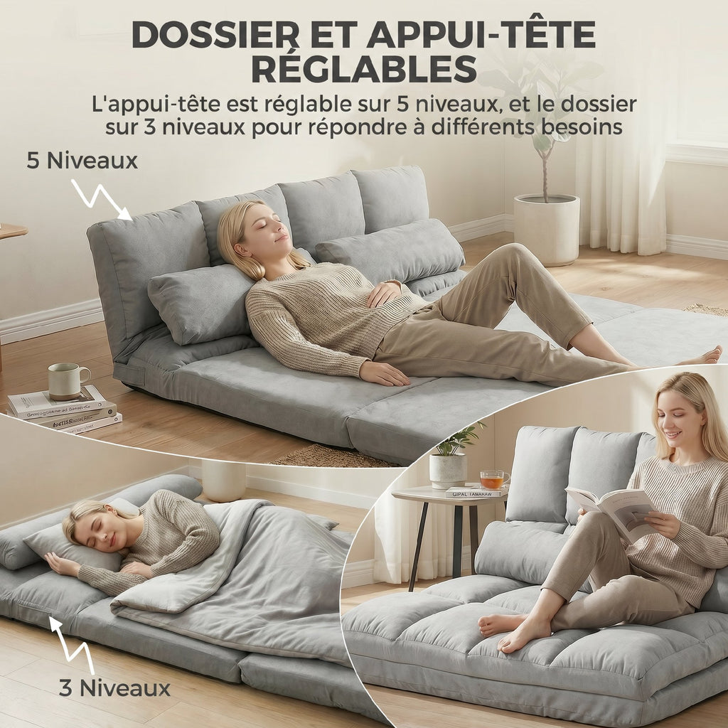 Chauffeuse 2 places canapé-lit convertible fauteuil de sol pliable dossier réglable 2 coussins inclus en polyester aspect suédé, pour salon, chambre et bureau, gris