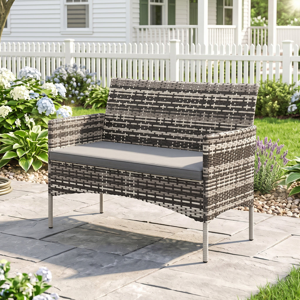Canapé de jardin 2 places en résine tressée avec coussins canapé d'extérieur avec accoudoirs 115 x 63 x 85 cm gris clair