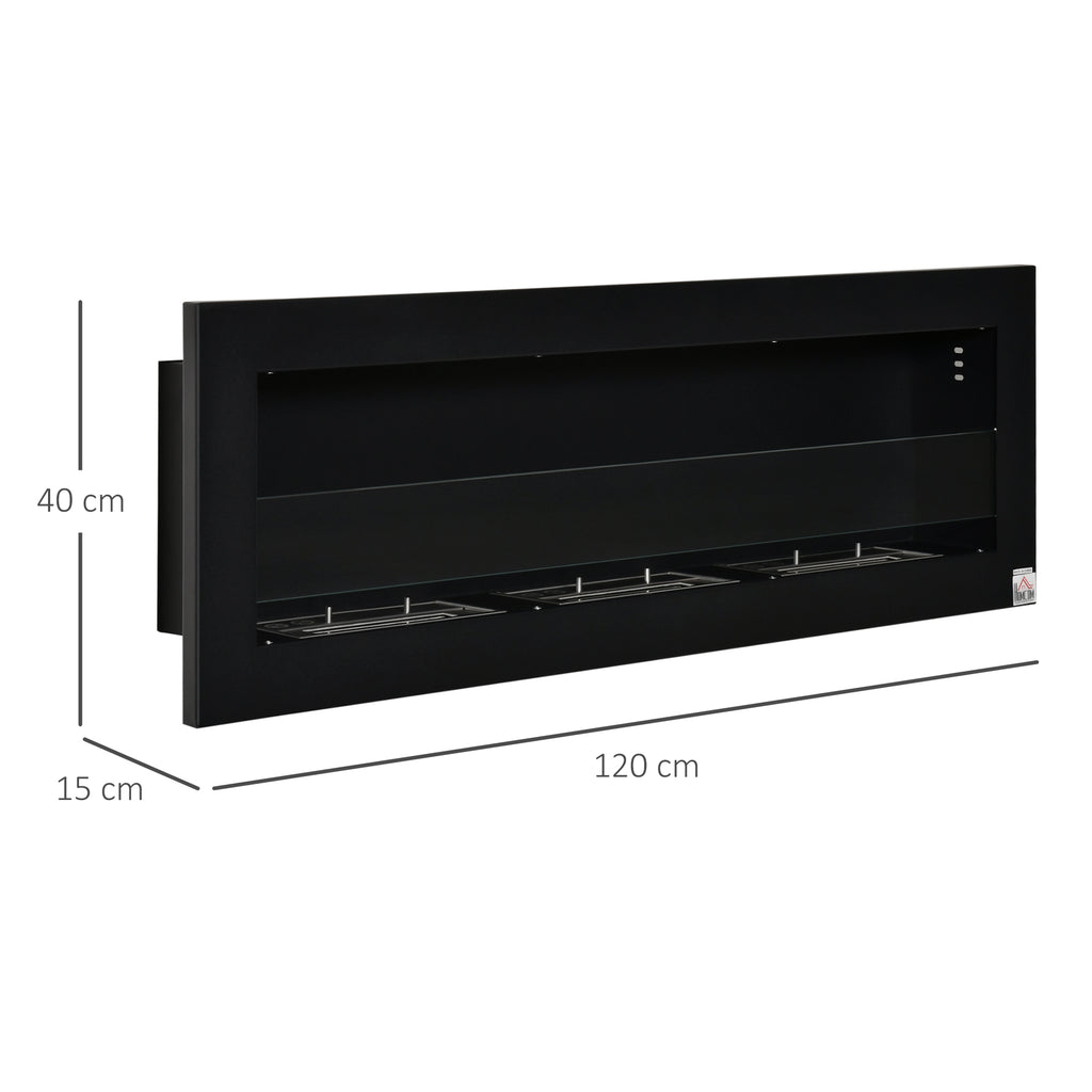 Cheminée bioéthanol Murale encastrable 3 brûleurs 3 L au total, environ 3 h de durée de combustion, dims. 120L x 15l x 40H cm, acier inox noir