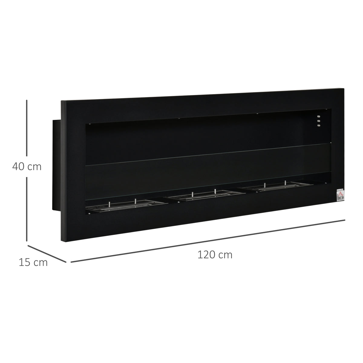 Cheminée bioéthanol Murale encastrable 3 brûleurs 3 L au total, environ 3 h de durée de combustion, dims. 120L x 15l x 40H cm, acier inox noir