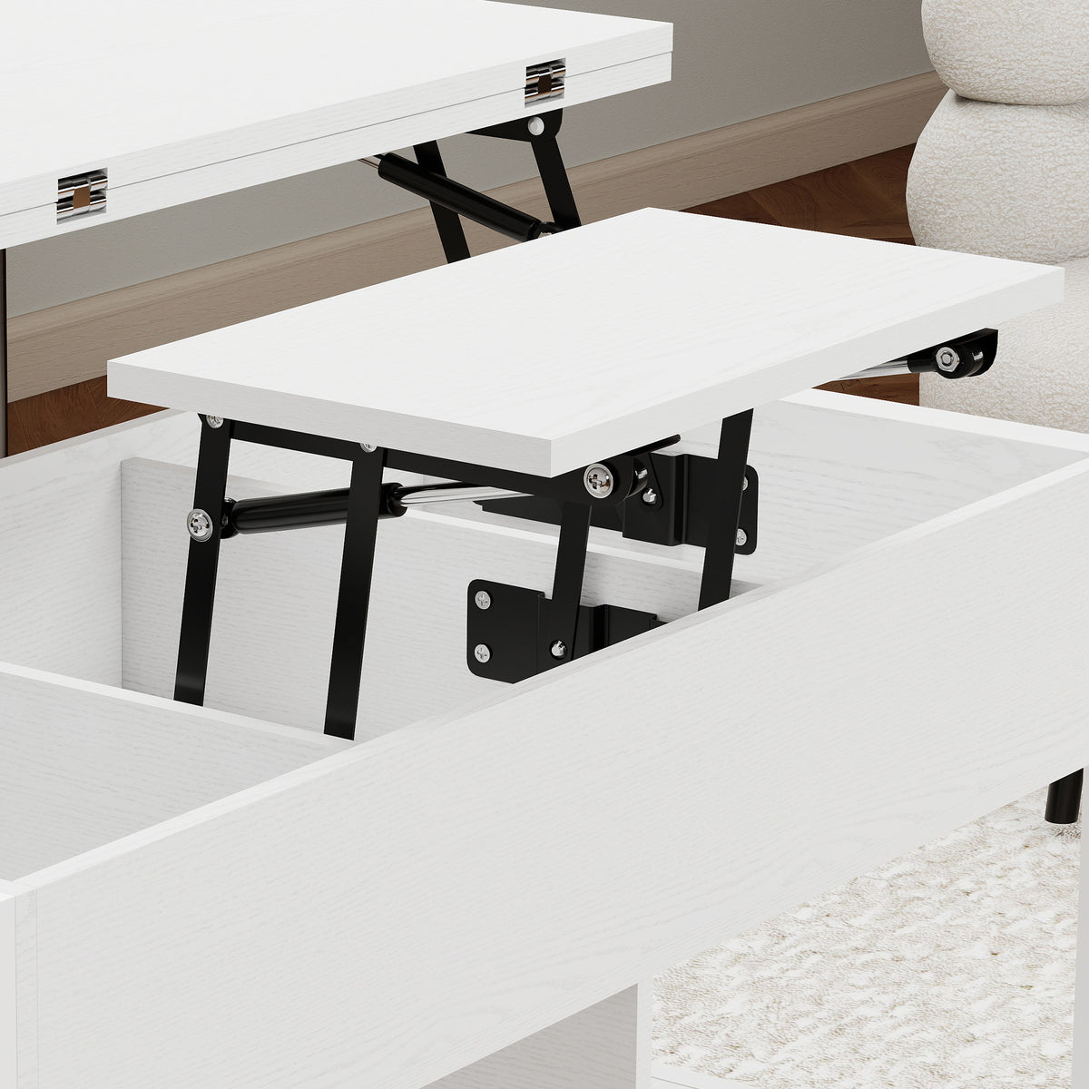 Table basse relevable et extensible, table de salon avec compartiment caché étagères ouvertes, 98x49x55cm, blanc
