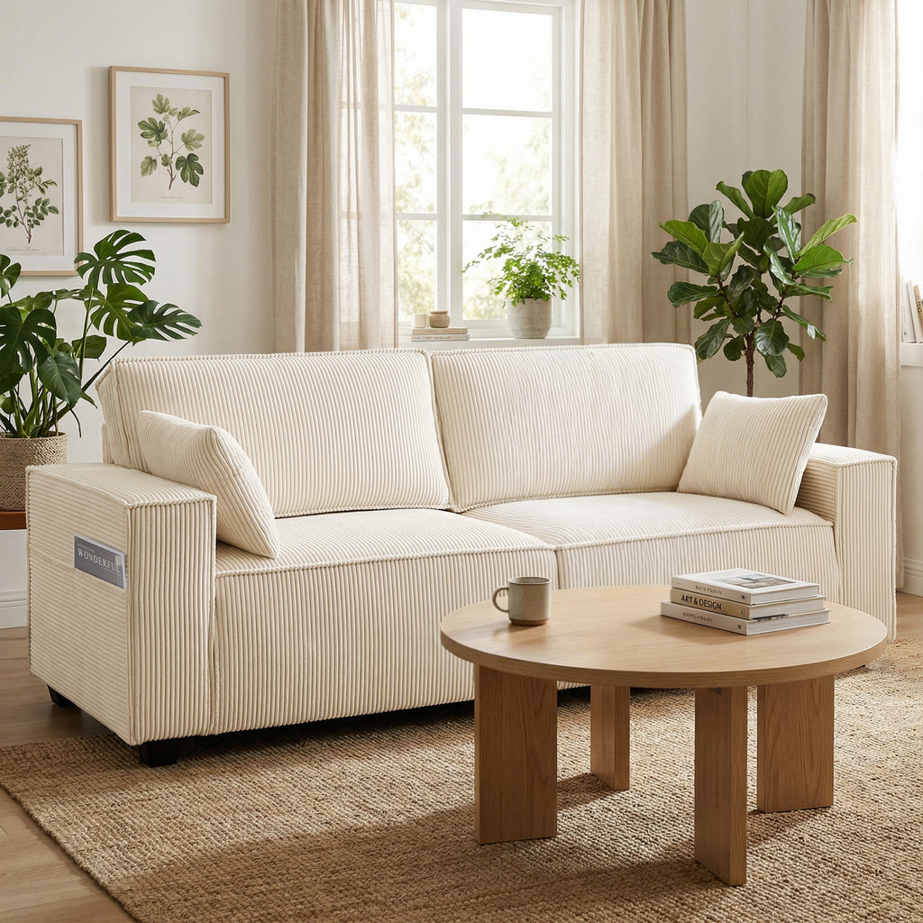 Canapé 3 places en velours côtelé 218 cm, canapé salon,  coussins à ressorts, larges accoudoirs, 2 coussins, beige