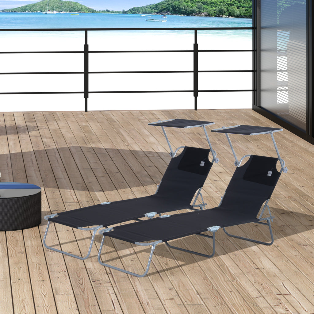 Lot de 2 transats Bain de Soleil Pliable Chaise Longue Pliante Grand Confort Dossier Inclinable Pare-Soleil réglable