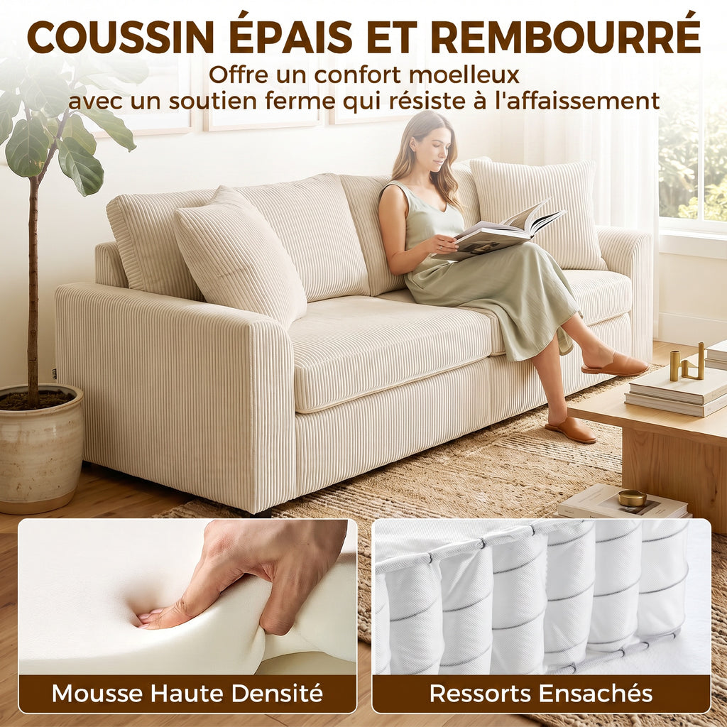 Canapé 3 places 212 cm avec 2 coussins à ressorts, tissu velours côtelé, pour salon, chambre, bureau à domicile, crème