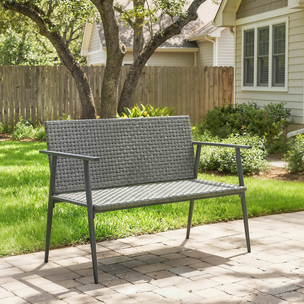 Banc de Jardin 2 places en Résine Tressée et Acier, avec Accoudoirs, Dossiers et Pieds Réglables, 110x58x78cm, Gris