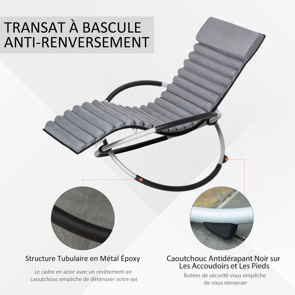 Chaise Longue à Bascule Pliable Rocking Chair avec Matelas revêtement Aspect Daim métal textilène Gris Noir