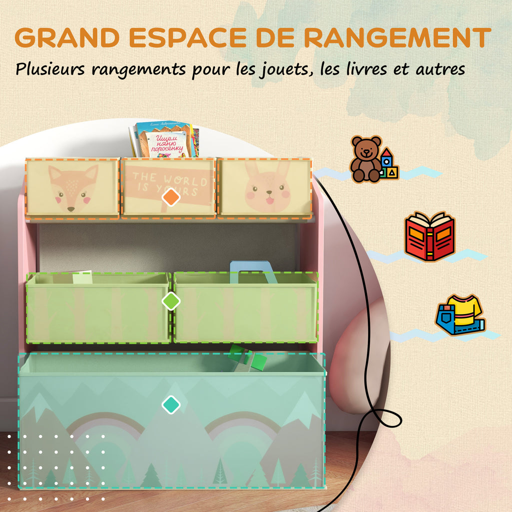 Tableau chevalet double-face rouleau papier 2 paniers + meuble à jouets de rangement à 6 boîtes, 63 x 30 x 66 cm, rose