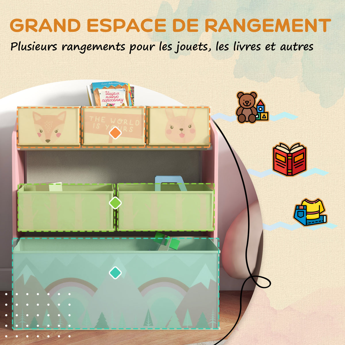 Tableau chevalet double-face rouleau papier 2 paniers + meuble à jouets de rangement à 6 boîtes, 63 x 30 x 66 cm, rose