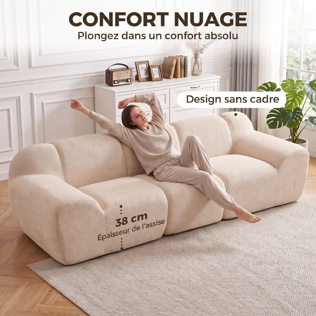 Canapé 3 Places 233 cm, Canapé Salon en Chenille Moderne avec Assise Profonde, Accoudoirs Larges, Beige