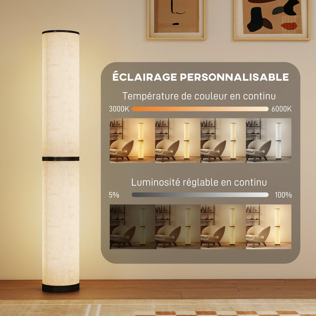 Lampadaire LED, lampadaire sur pied salon à intensité variable, télécommande magnétique, Ø 20 x 135 cm, beige