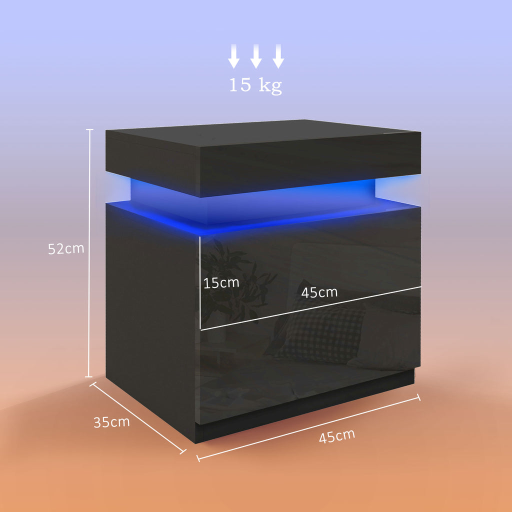 Table de chevet table de nuit lumière LED RVB panneau haute brillance avec 2 tiroirs pour salon chambre à coucher noir