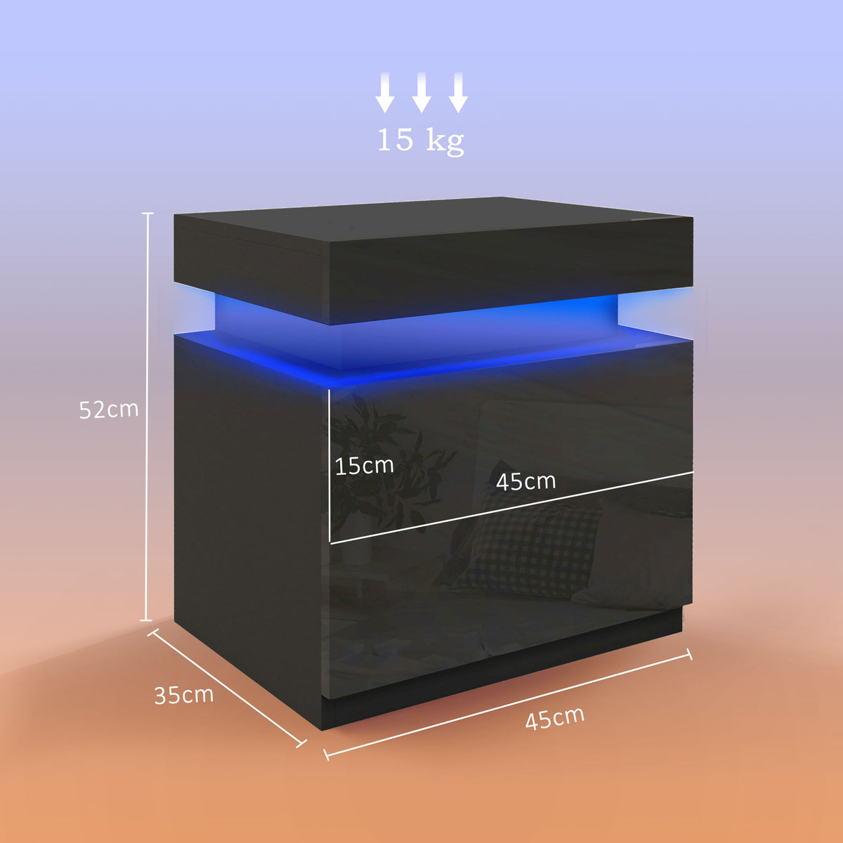 Table de chevet table de nuit lumière LED RVB panneau haute brillance avec 2 tiroirs pour salon chambre à coucher noir