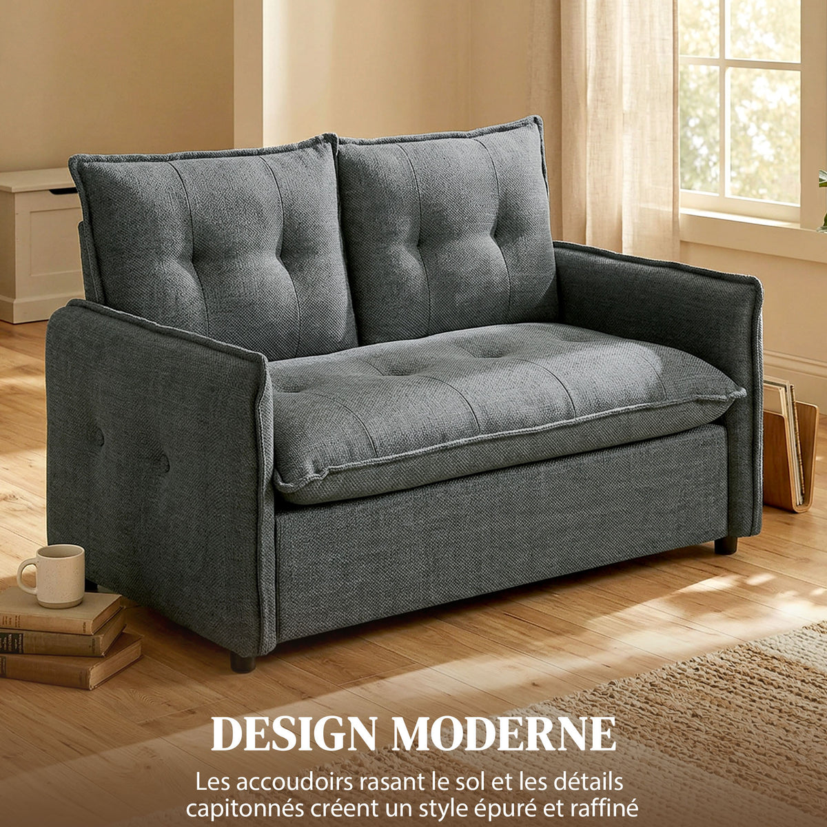 Canapé 2 places, canapé de salon moderne 131 cm avec assise rembourrée, coussins à ressorts, tissu en lin, gris foncé
