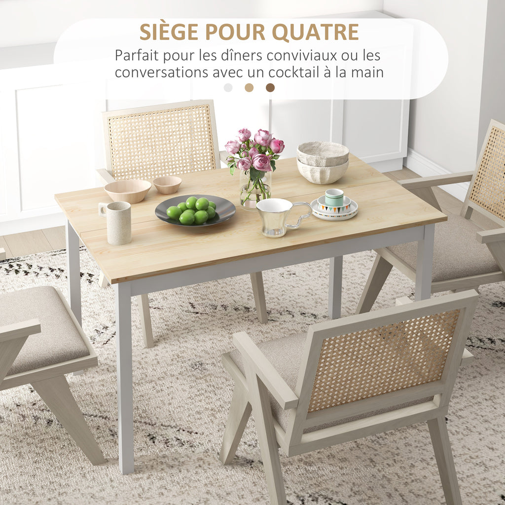 Table à manger table de cuisine structure en bois massif 4 personnes design vintage 120 cm naturel et blanc