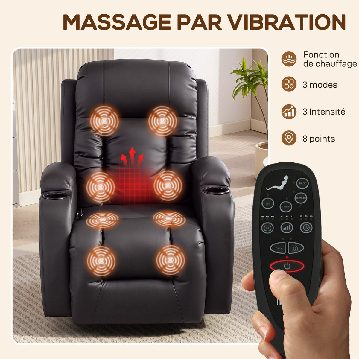 Fauteuil inclinable de massage et chauffage, fauteuil de relaxation, dossier réglable, pivotant 360°, 82x99x103cm, marron