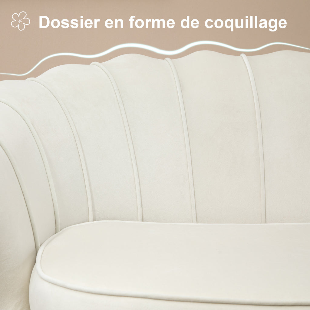 Canapé 2 places en tissu velours, petit canapé, en forme de coquillage, avec coussin épais de 10 cm, crème