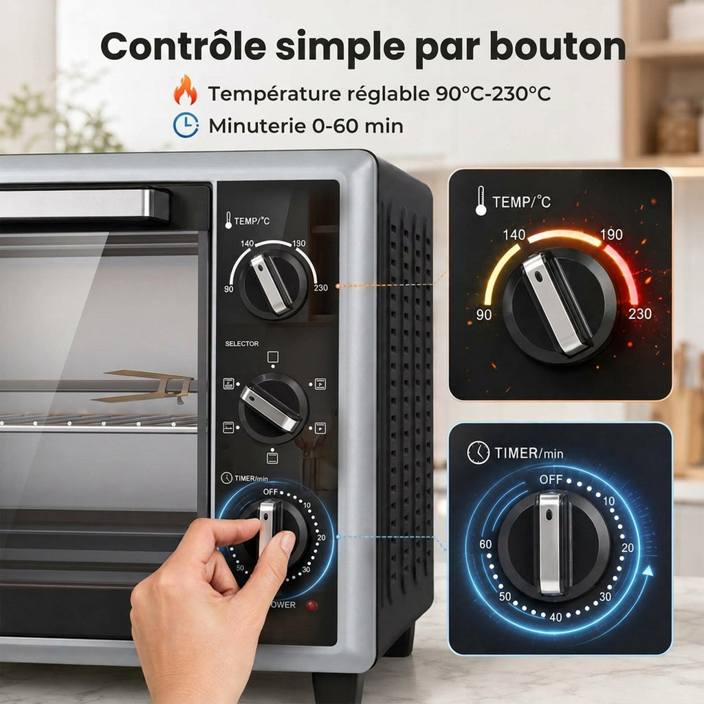 Mini-Four Électrique avec Broche Rotative 46L 1800W, Four à Convection Multifonction, Chaleur Tournante, Minuterie, Noir