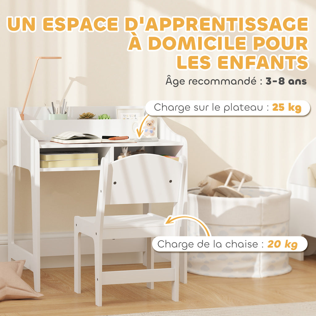 Ensemble bureau et chaise pour enfant 3 à 8 ans avec compartiments et étagères ouverts, blanc