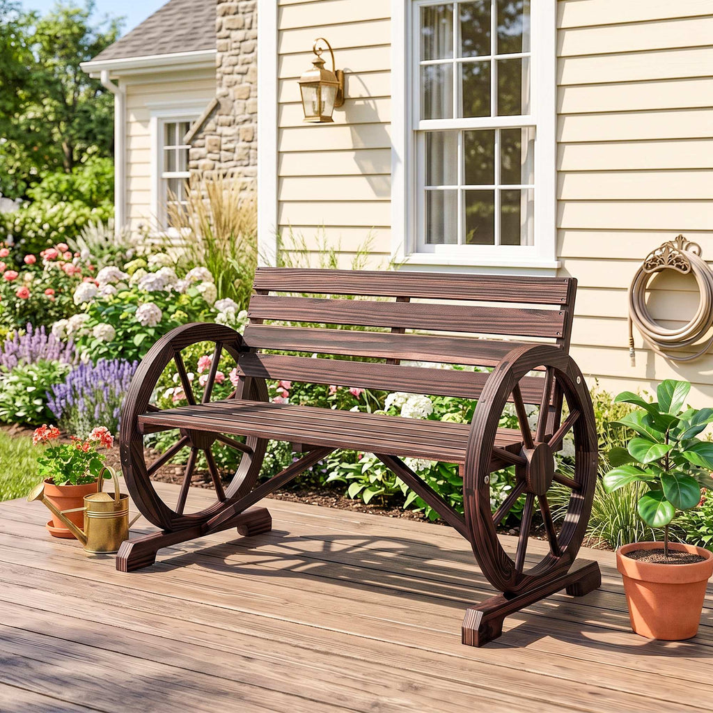 Banc de Jardin banc 3 places banc en bois Style Rustique Chic accoudoirs Roues Charette Bois Sapin traité carbonisation