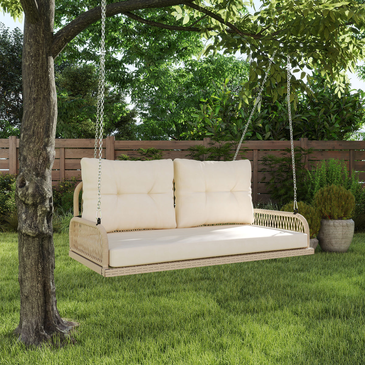 Banc Suspendu Extérieure 2 Places en Résine Tressée avec Coussins et Chaînes en Acier, 115x66x44cm, Beige
