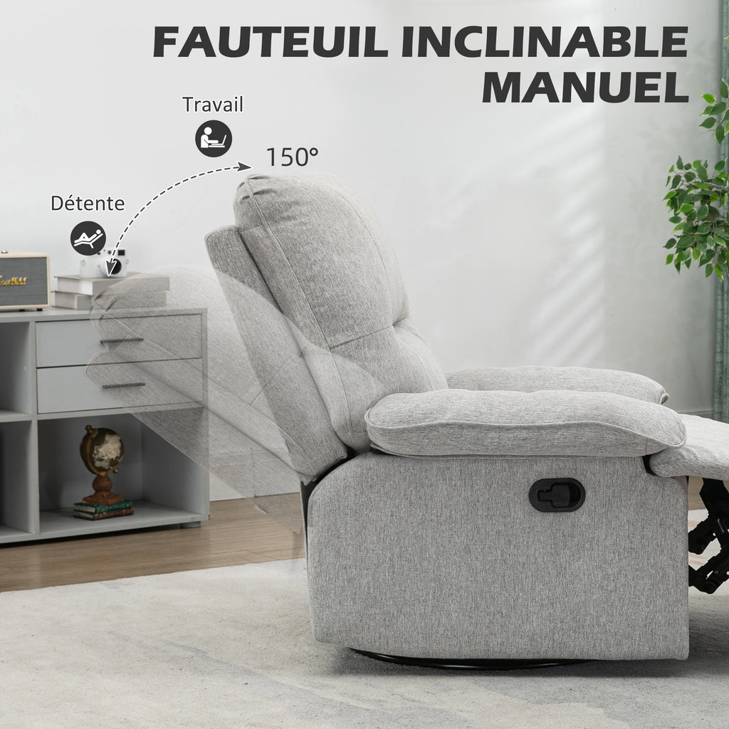 Fauteuil de relaxation inclinable manuellement avec repose-pied ajustable tissu aspect lin gris clair