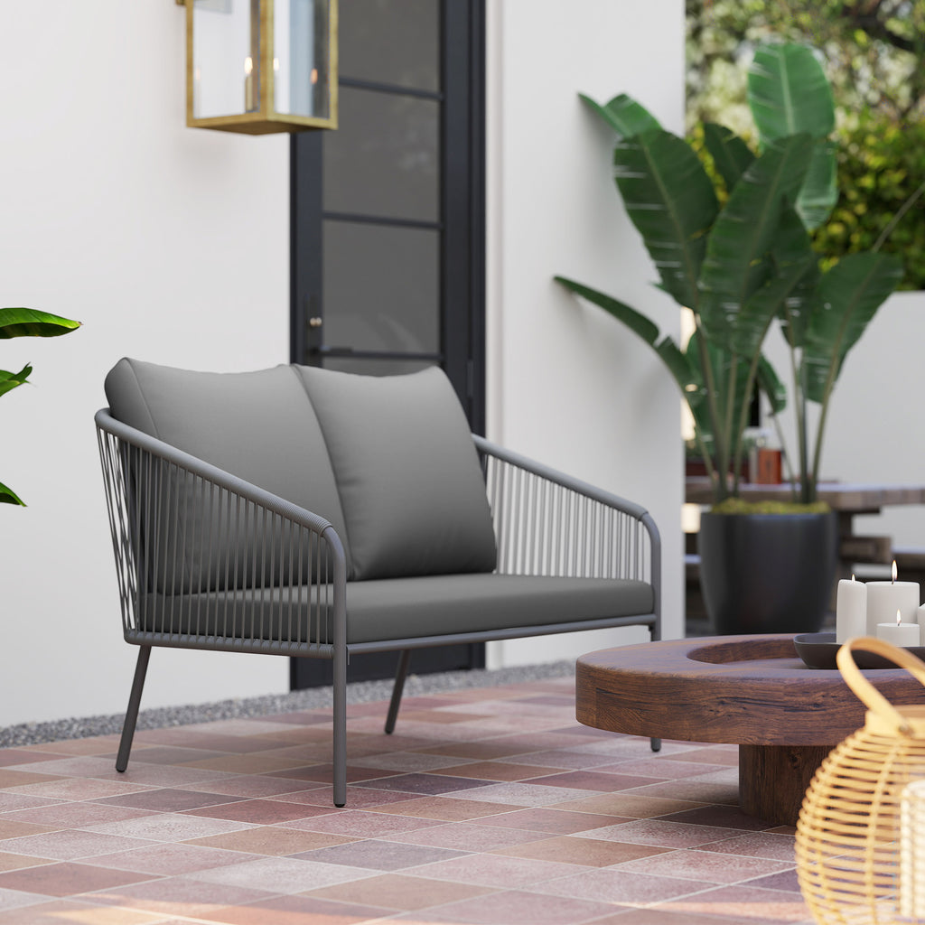 Canapé de jardin 2 places en résine tressée avec coussins canapé d'extérieur accoudoirs cadre en acier 112x72x76cm gris