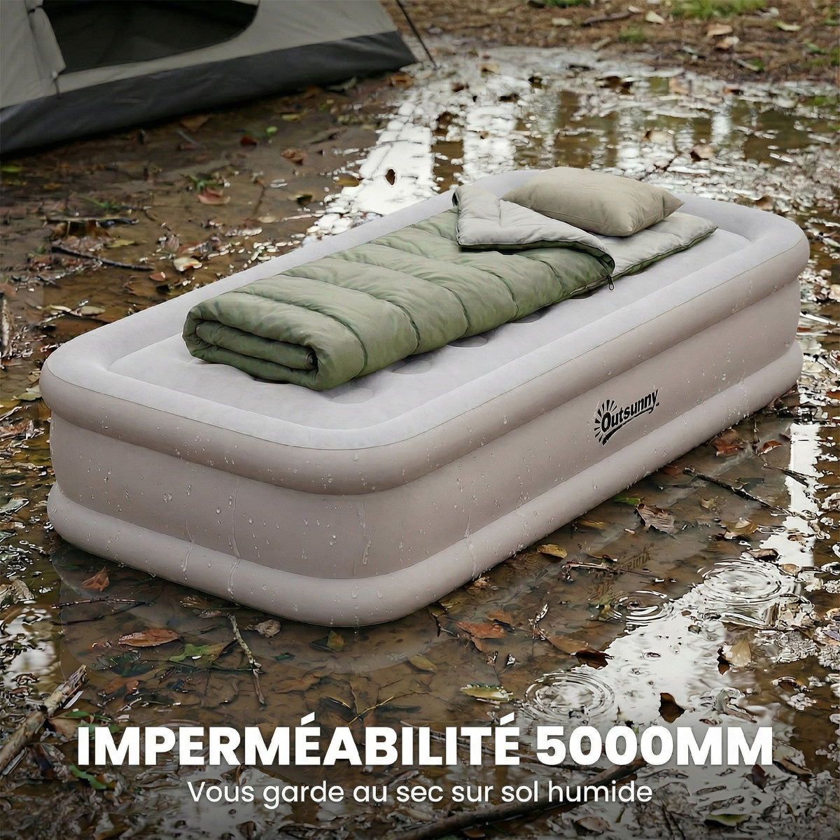 Matelas Gonflable, Pompe Électrique Intégrée, Surface Floqué , Imperméable 5000 mm, Sac Transport, 190x97x39cm, Kaki