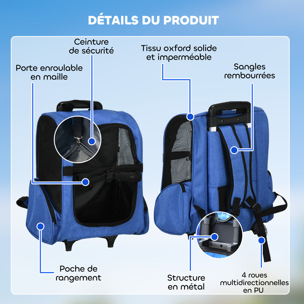 Sac de transport à roulettes pour chien 2 en 1 trolley chariot sac à dos pour chien chat avec poignée téléscopique, sacs de rangement, aérations, attache de sécurité, 42 x 25 x 55 cm, bleu