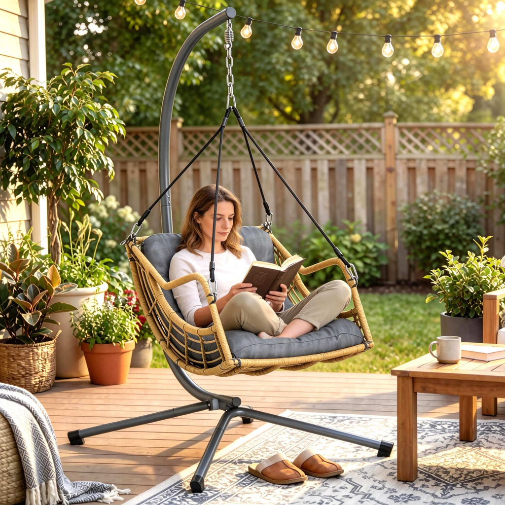 Fauteuil suspendu en résine tressée avec support, chaise suspendue, coussin, attache de sécurité, hauteur réglable, gris