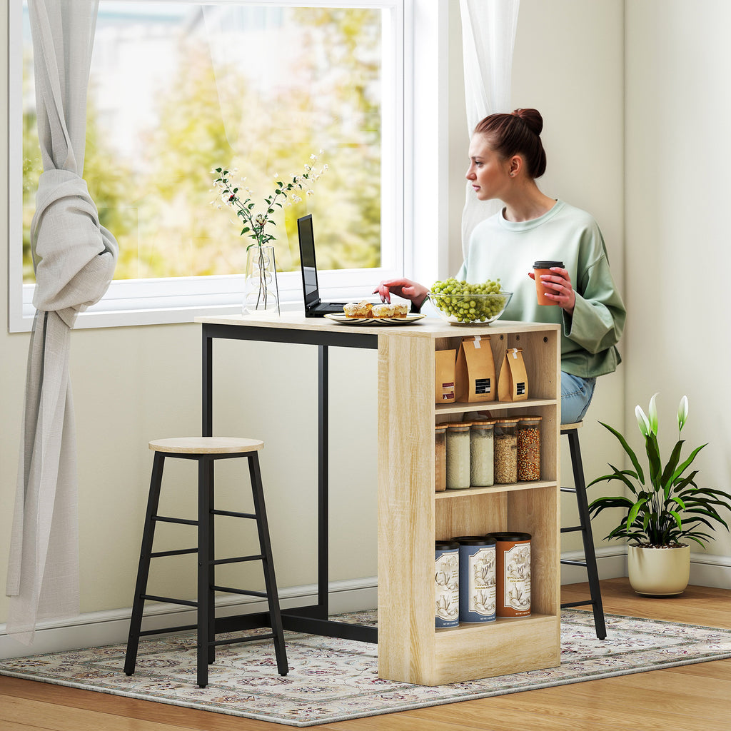 Ensemble table de bar avec tabourets, compartiments ouverts, étagère réglable et repose-pieds, chêne et noir