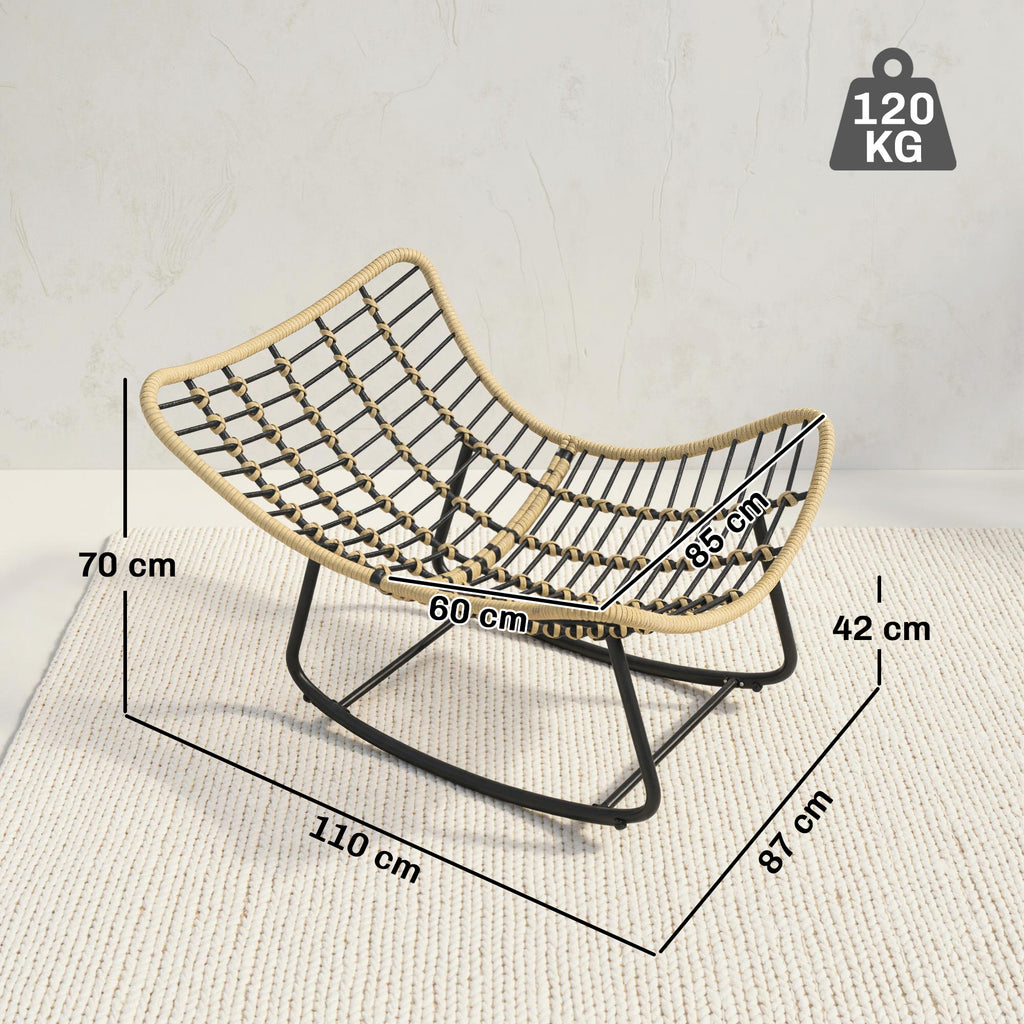 Fauteuil à bascule de jardin pour intérieur et extérieur, rocking chair en résine tressée avec coussin moelleux, gris