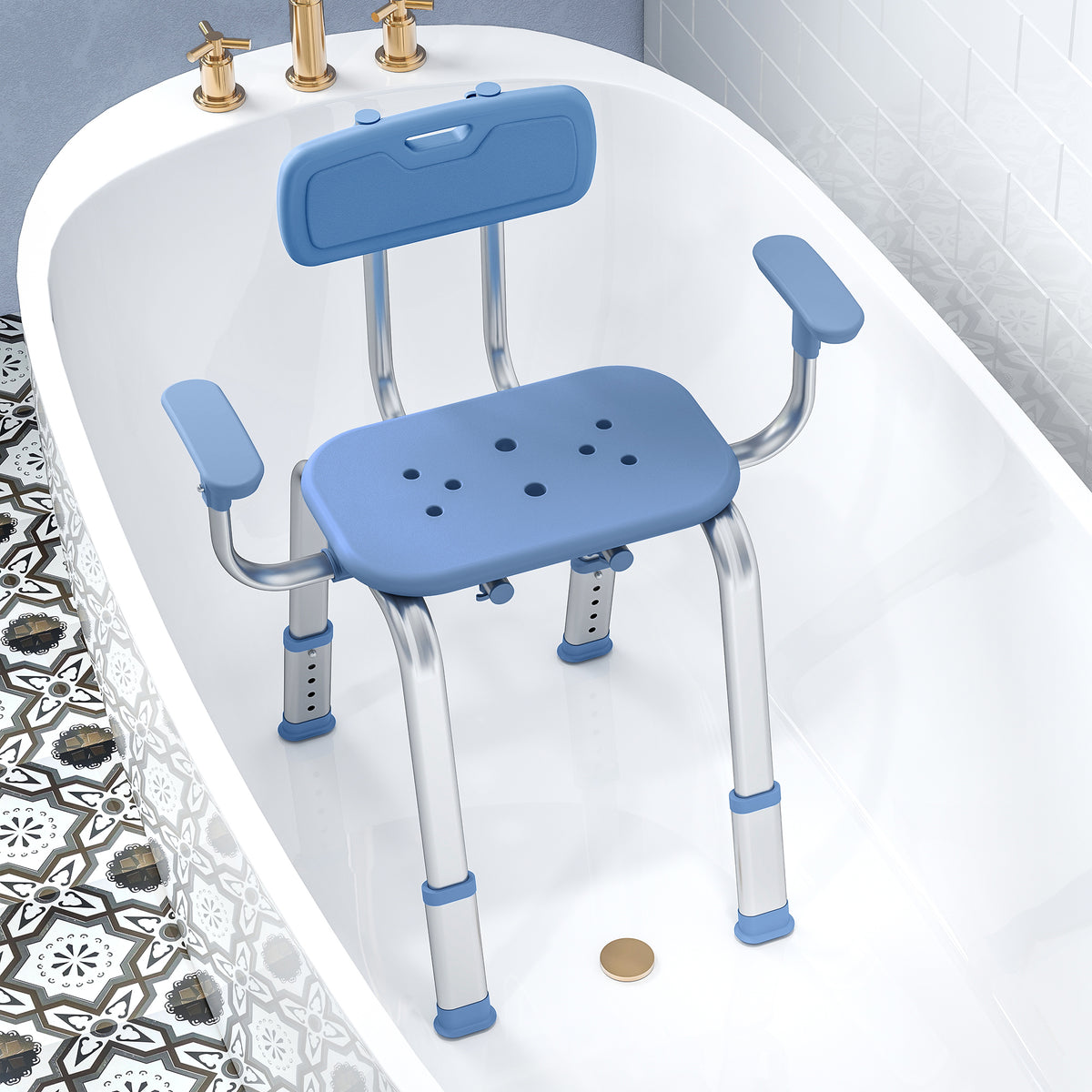 Tabouret de douche chaise de douche ergonomique avec accoudoirs, dossier, hauteur et siège réglables, bleu