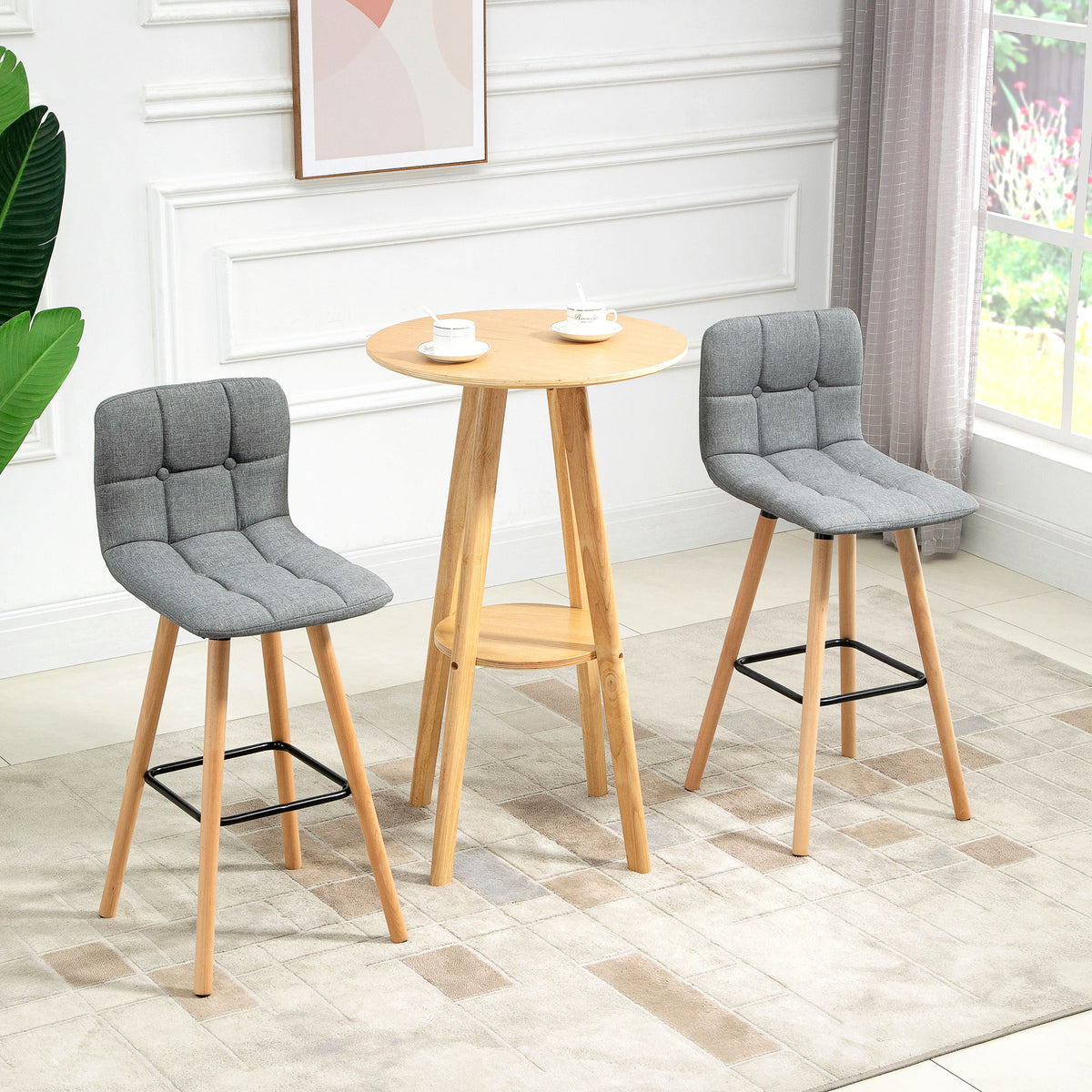 Lot de 2 tabourets de bar, chaises de bar capitonnées avec dossier et repose-pieds, pieds en bois, 41,5x47x97,5cm, gris